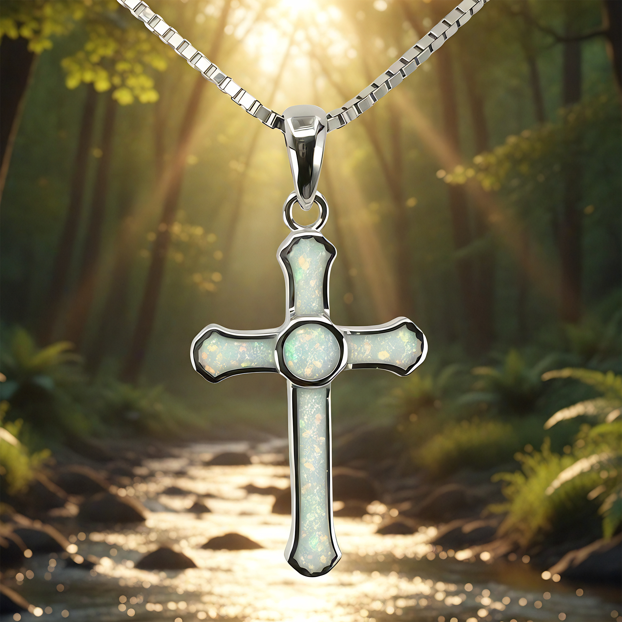 Opal & Silver Cross Faith Necklace