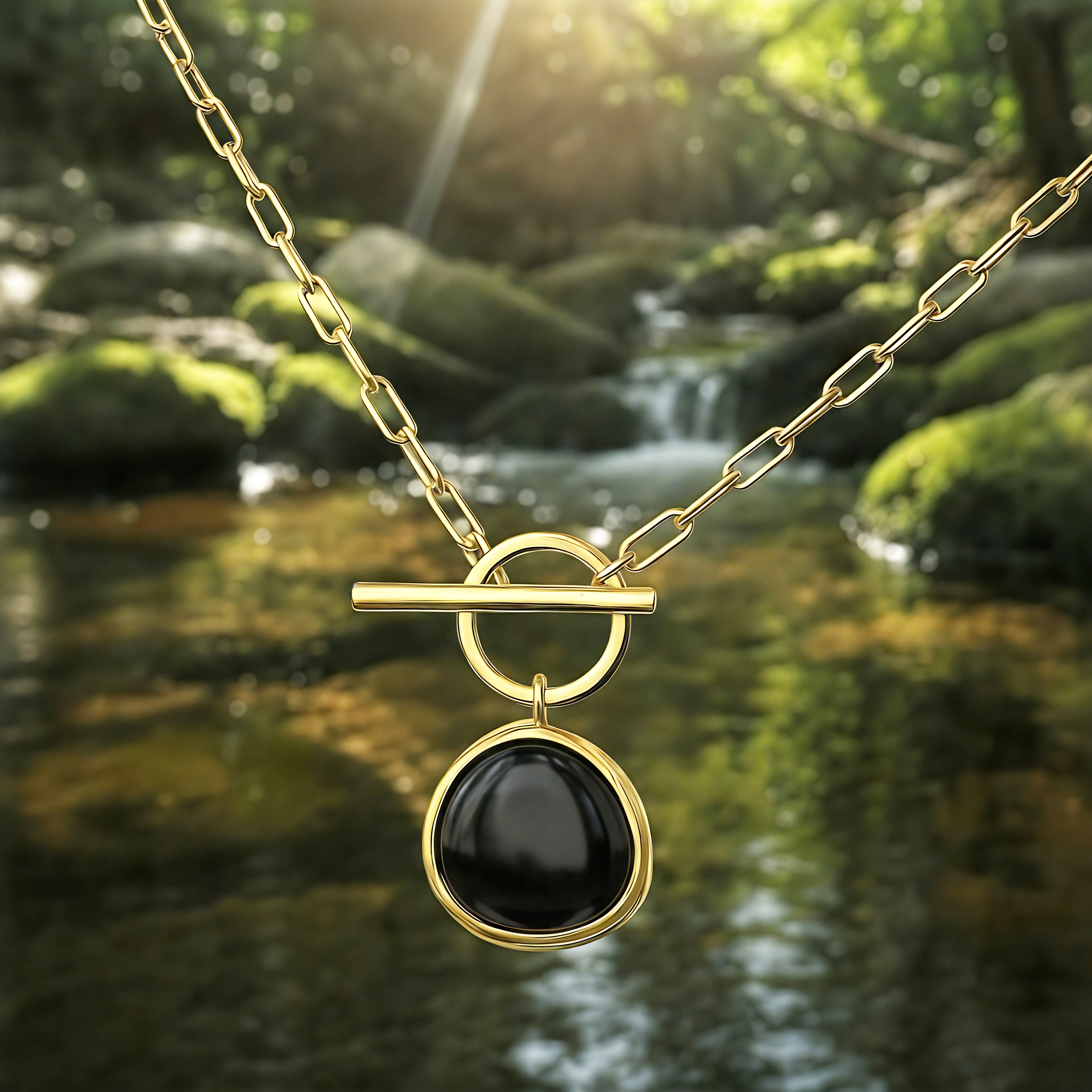 Black Onyx & Gold Lunar Lock Necklace