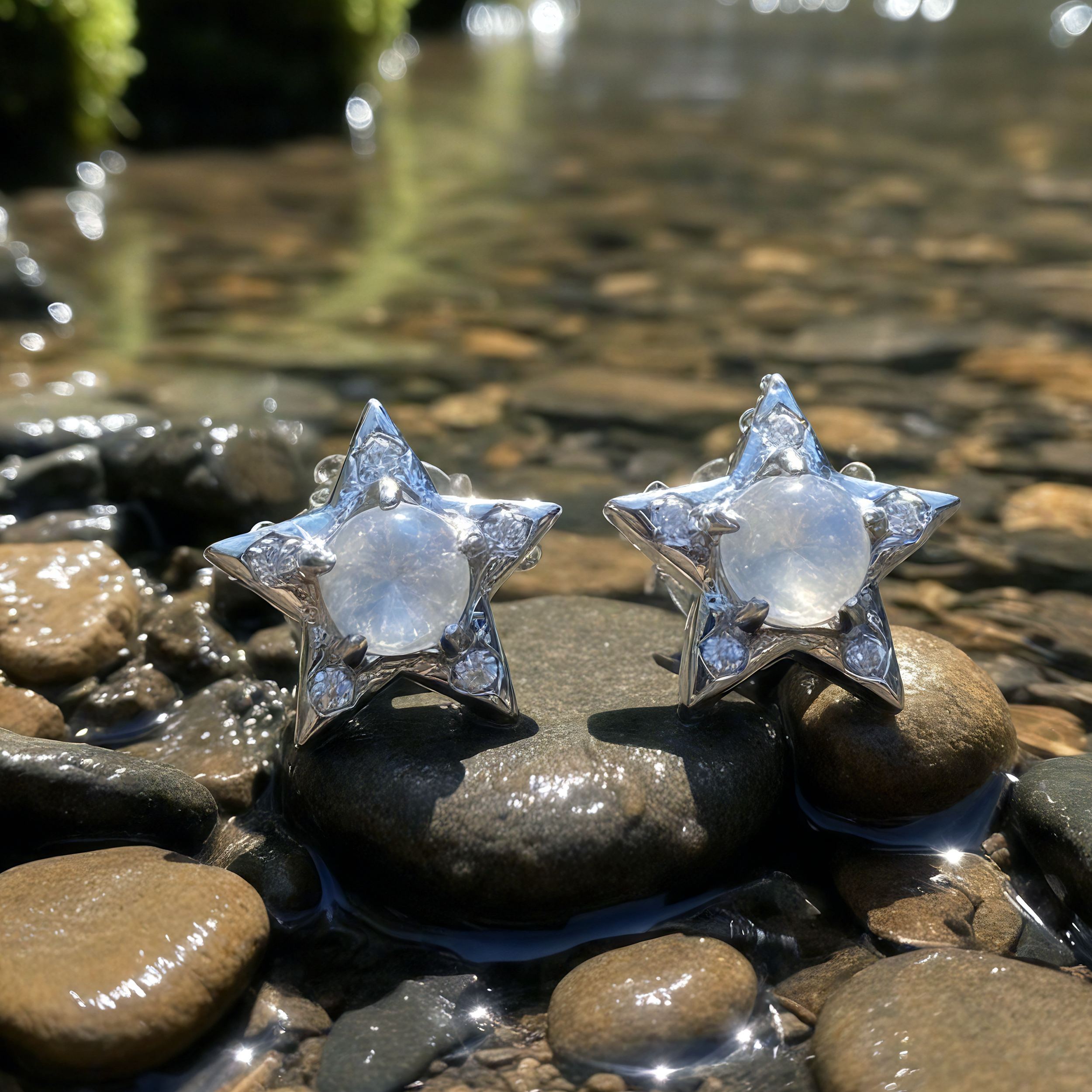 Moonstone & Silver Star Stud Earrings