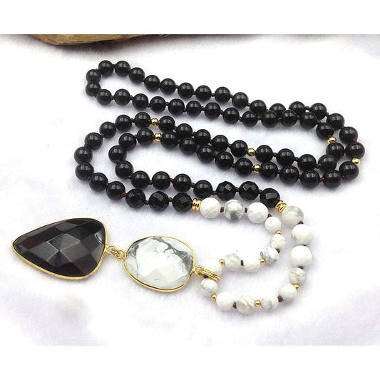 Howlite And Obsidian Mala Bead Necklace