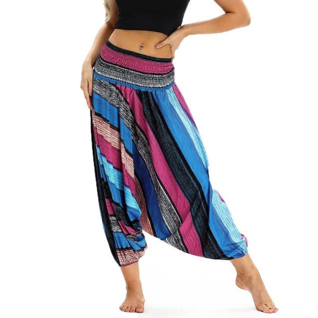 Low Leg Harem Pants One-Size Fits All So Comfortable! - Blue & Black Striped / One Size