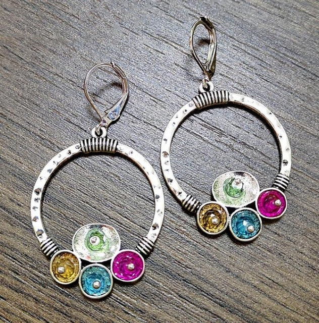 Vintage Rainbow Stone Circle Dangle Earrings