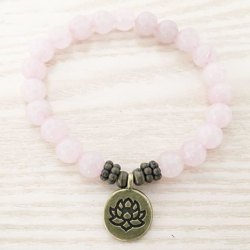 Rose Quartz Mala Bead Bracelet - Lotus Charm